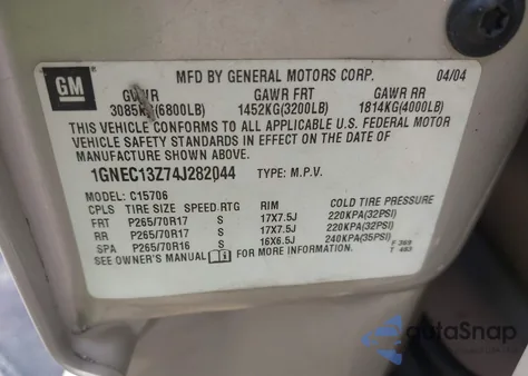 2004 Chevrolet Tahoe Lt from USA, damaged, VIN 1GNEC13Z74J282044